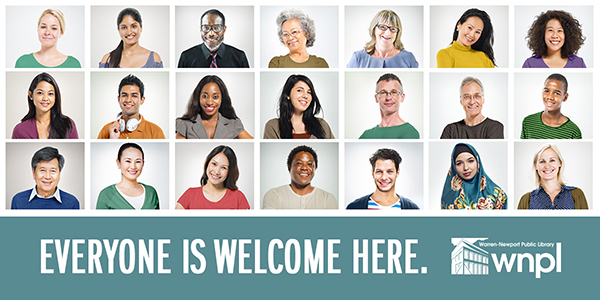 Everyone is Welcome Here, WNPL logo, Warren-Newport Public Library