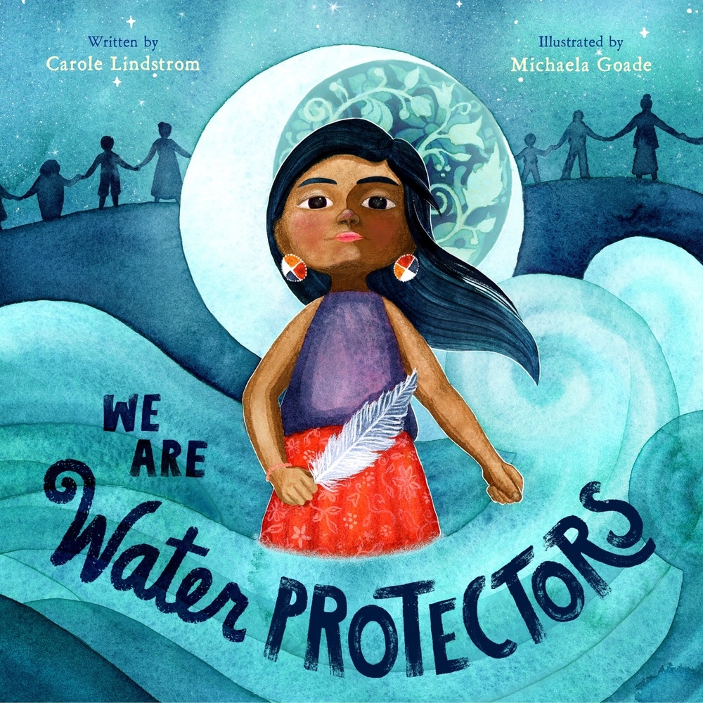 Young tan-skinned girl in front of moon on waves holding a feather