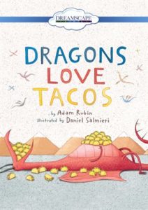 Stuffed red dragon laying on back with mouth full of tacos