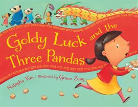 Young girl in yellow dress and red jacket runs away, pandas and chinese dragon on top