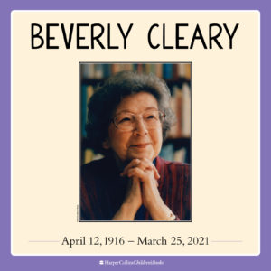 Beverly Cleary with hands together under her chin with books behind