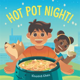 Dog, boy and girl smiling by a hot pot