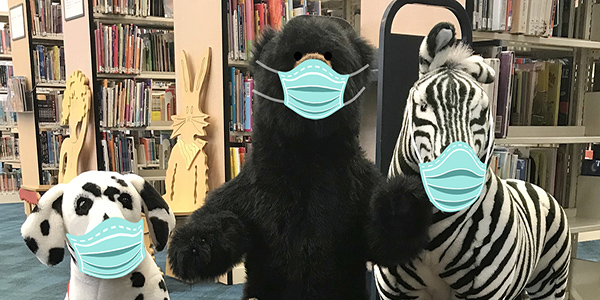 stuffed animals, bear, dalmatian, zebra, wearing masks, masks,