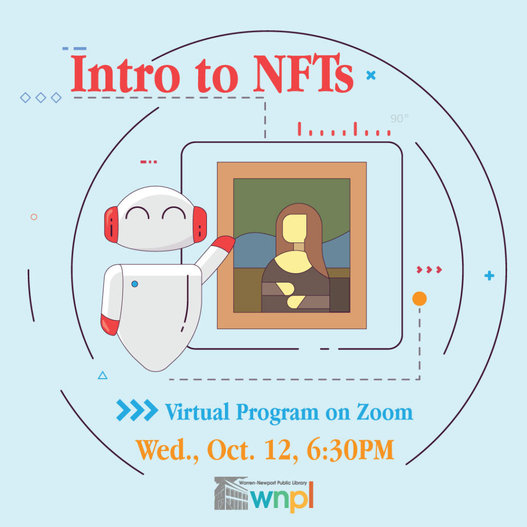 Intro to NFTs signage including a robot pointing at a cartoon painting of the mona lisa