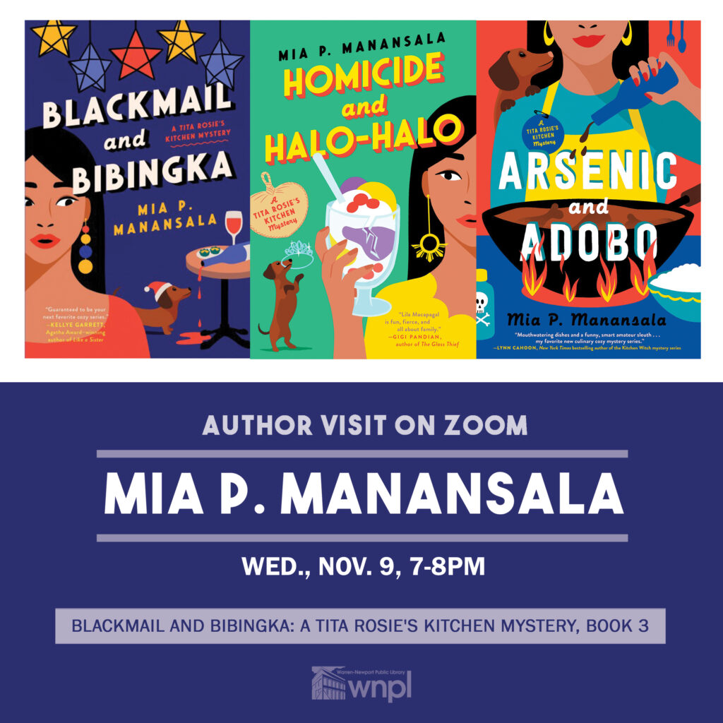 Covers of Mia Manansala's Three Books above program information for the upcoming author event