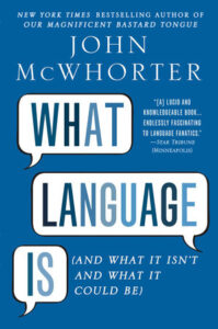 What language is book cover - blue with white word bubbles for the title
