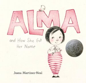 Alma book cover. Little girl in red striped outfit smiling.