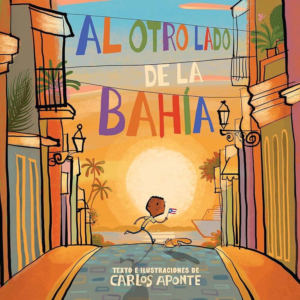 Al otro lado de la bahía book cover. Sunset background and kid running in middle of street.