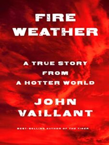 Fire Weather Book Cover with red clouds and white font.