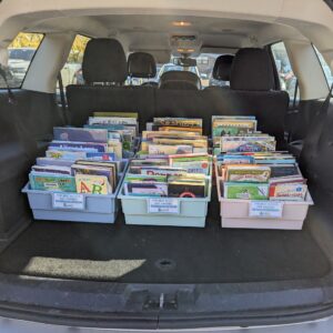 Trunk of car with bins of books