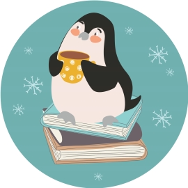 Cartoon penguin holding mug and sitting on pile of books.