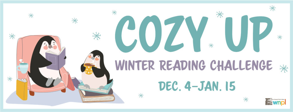 Cartoon penguins reading books. Words "Cozy Up Winter Reading Challenge"