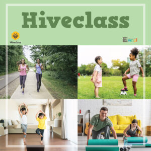 Girls running, kids jumping, kids stretching, man and girl doing yoga. Hiveclass ad