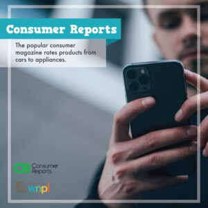man texting with iphone in hand, ad for consumer reports
