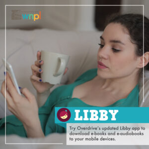 Woman reading on her phone. Ad for Libby app.