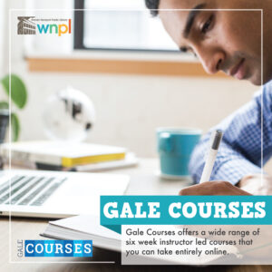 Man looking down and writing notes with computer in background. Gale courses ad