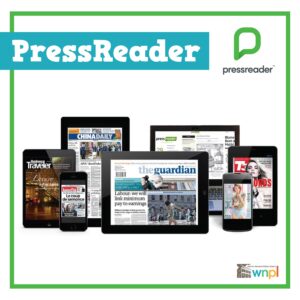 Tablets displaying different newspapers and magazines. Ad for PressReader.