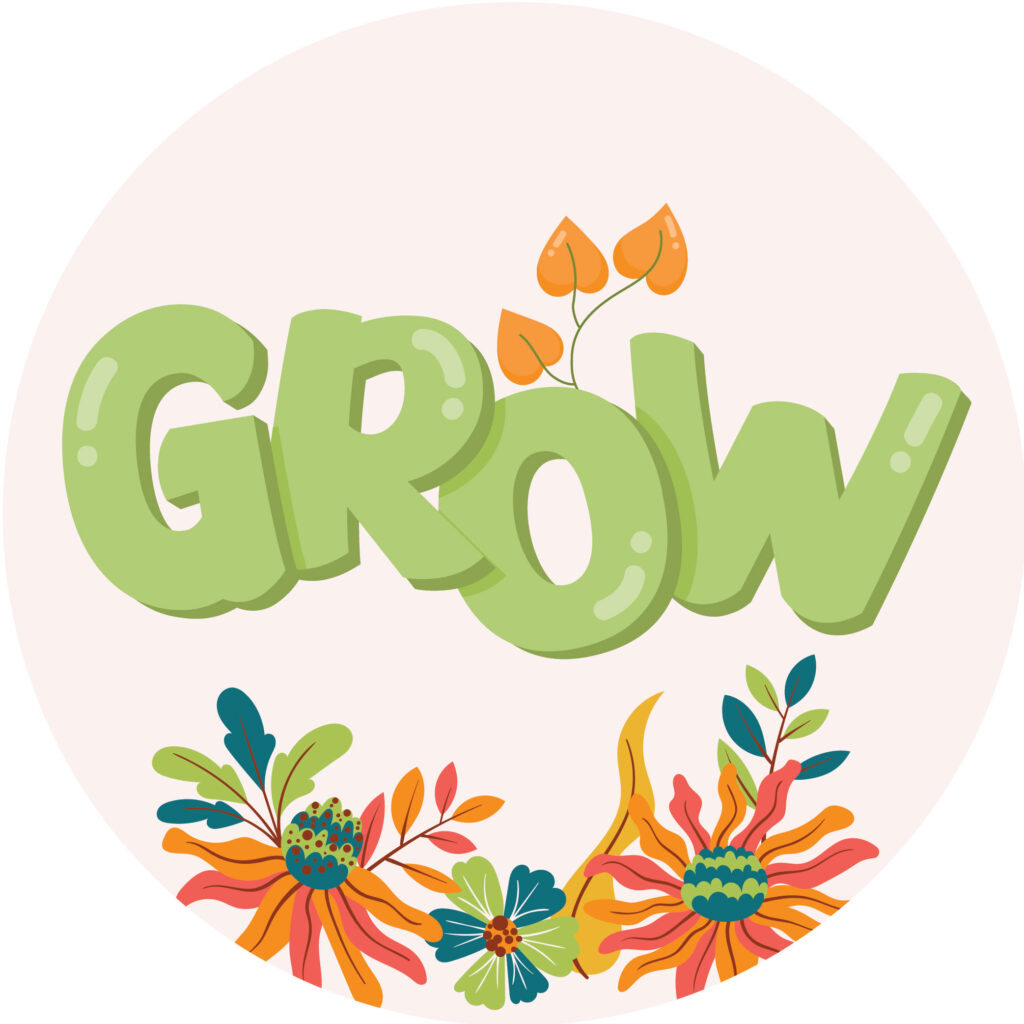 Words GROW centered in middle with flowers growing from bottom of circle icon.