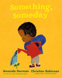 Yellow background with a young Black boy watering a flower