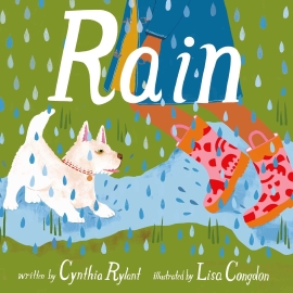 Child with pink rainboots playing in puddle with white dog