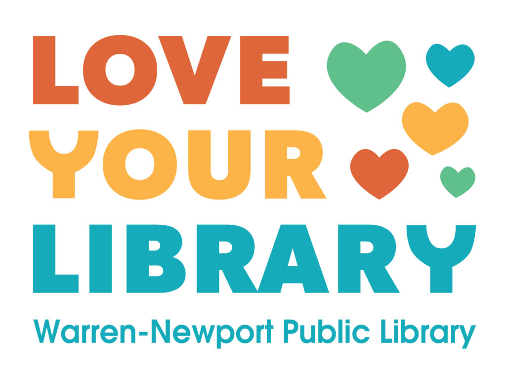 Love Your Library with Warren-Newport Public Library and multicolored hearts