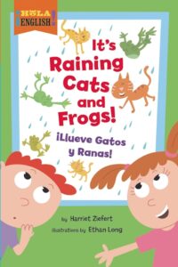Young boy and girl under falling cats and frogs