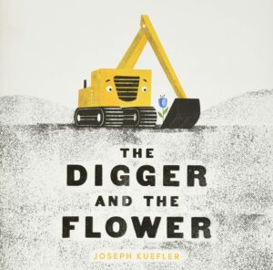 Construction digger carrying a blue tulip