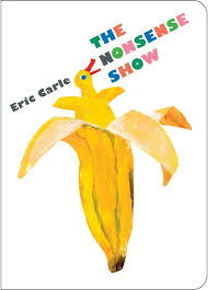 yellow bird jumping out of a peeled banana shouting the nonsense show