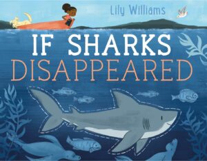 Young black girl sitting on a surfboard with a shark swimming below 