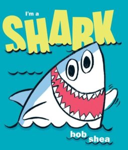 Cartoon shark smiling widely and waving