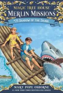 Young white children on wooden raft with shark trying to catch them