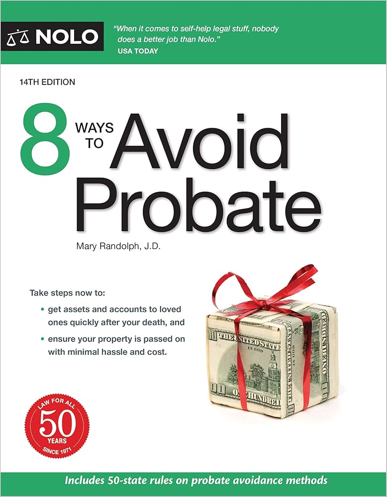 Book cover 8 ways to avoid probate. Asquare gift tied with a red ribbon of cash.