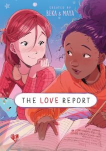 Two girls look at each other while one writes in a notebook