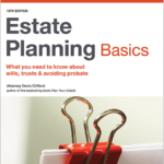 Book cover for estate planning basics. Image of red paper clip holding together papers.
