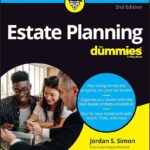Book cover of estate planning for dummies. Man and woman smiling look at a piece of paper while another man off to the right is holding a pen.