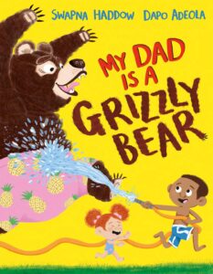 Large cartoon grizzly bear chasing two small children