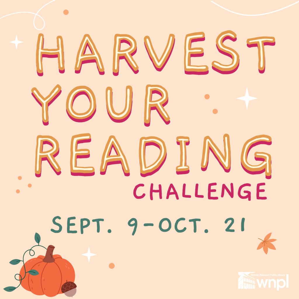 Flyer for Harvest Your Reading Challenge. Light orange background with orange pumpkin in the bottom left corner and white sparkles across the writing