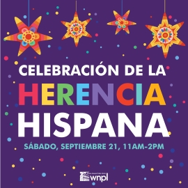 Celebrate Hispanic Heritage month. Brightly colored pinatas hang from the top of graphic with a lot of confetti in background.