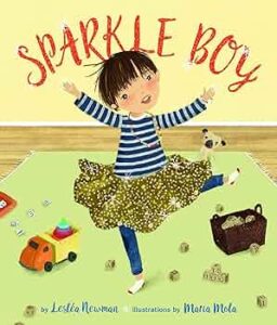 A young boy dances in a living room in a sparkly tutu. There are a few toys scattered around the room.