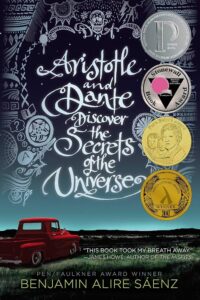 Image of book cover for, Aristotle and Dante Discover the Secrets of the Universe by Benjamin Alire Saenz. A drawn red truck is parked in a grassy field just after sunset.