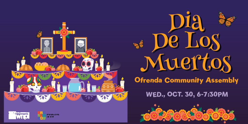 Community Ofrenda assembly at the library. Levels of a display with flowers, food, candles, and pictures of lost loved ones.