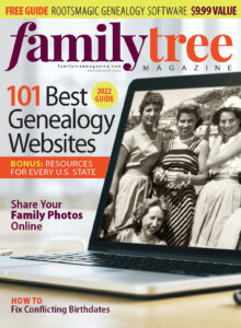 Image of magazine cover “Family Tree Magazine”. A laptop sits open with a black and white picture on the screen. There are four women in the picture dressed in what appears to be 1950’s summer attire.