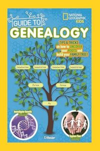 Book cover for “Guide to Genealogy” by T.J. Resler. A light blue cover with a yellow border that features a drawn tree with written labels of familial titles.