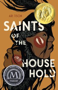 Image of book cover, Saints of the Household by Ari Tison. Two drawn, native teen boys’ faces are back to back to back. Their long black hair blends together. Both faces are depicted with native face painting.