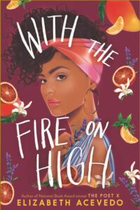 Dark purple cover with girl with curly hair in head band and hoop earrings gazes out. Fruits scattered around border of cover.
