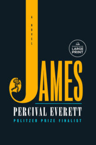 James by Percival Everett book cover. Black cover with the name James in bright yellow. J is enhanced to resemble music note.