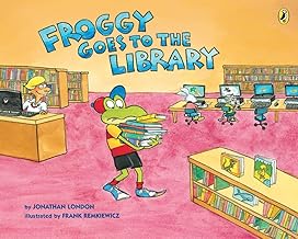The cover of “Froggy Goes to the Library” by Jonathan London. The character Froggy stands in a drawn library holding a large stack of books.  