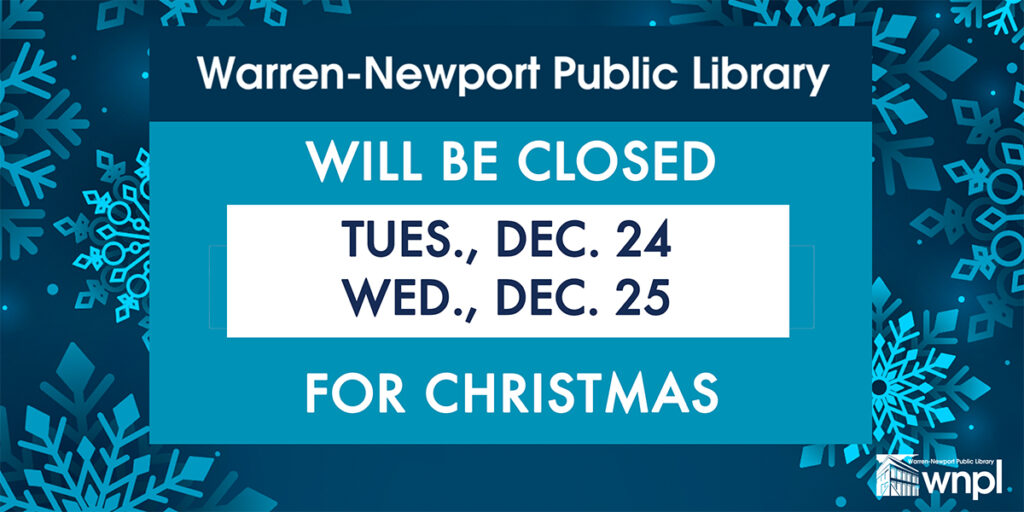 Library closure notice for the Christmas holiday. Background shows blue snowflakes.