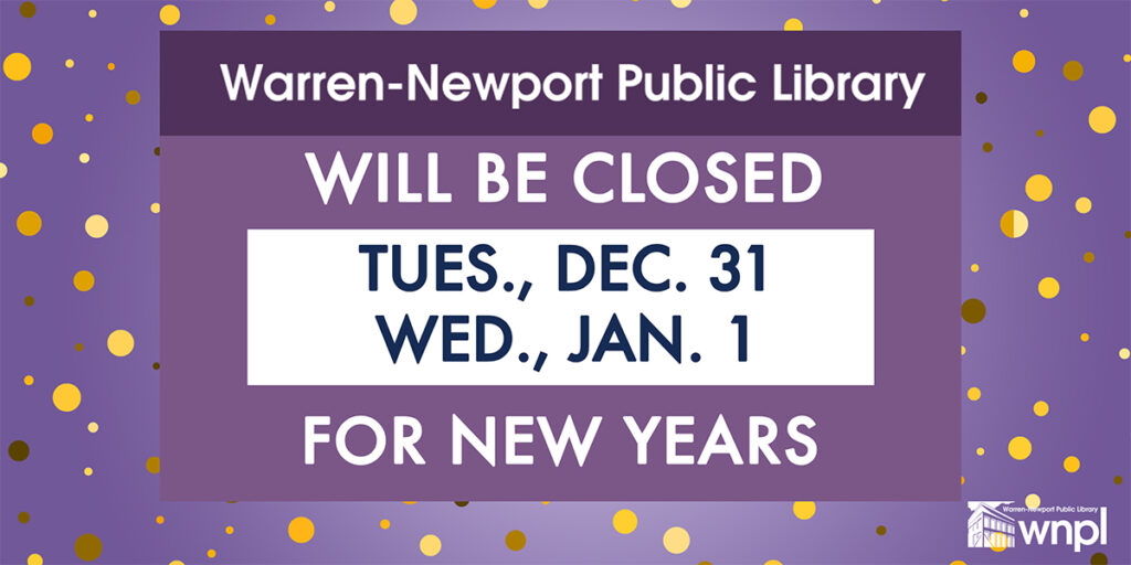 New Years holiday closure for 2024. Gold confetti on a dark purple background.