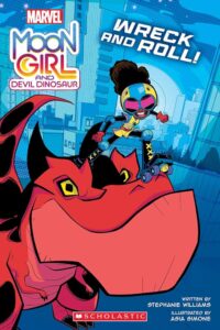 Girl in supero hero costume sits on top of pink dinosaur. 